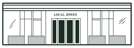 The image depicts a simple line drawing of a building facade labeled "Local News" with doors and window details.